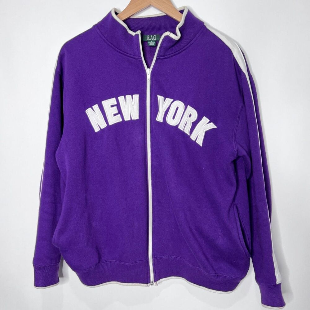 Vintage RAG NEW YORK Sweatshirt Zip Up Mock Neck Purple White Oversized Adult S